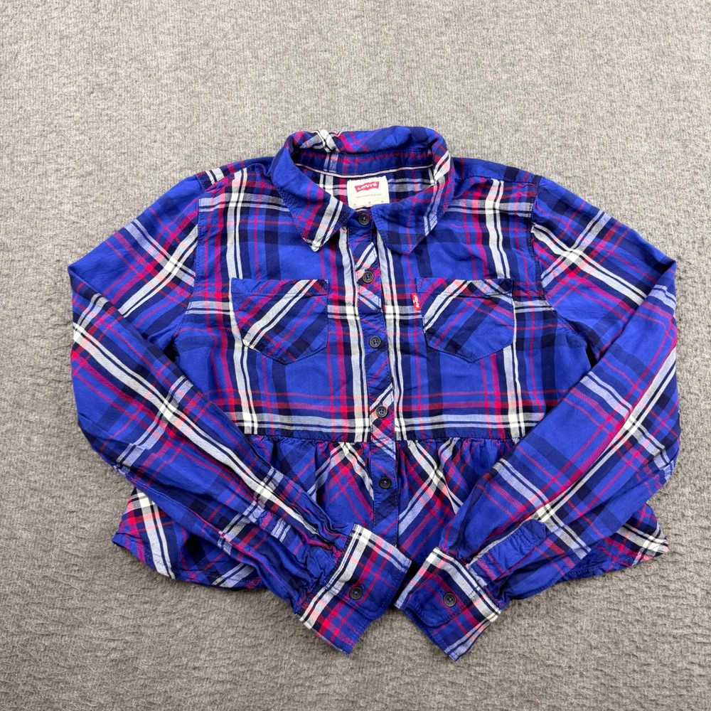 Levi's Girls Blue Red Plaid Peplum Long Sleeve Button Down Shirt Size M 10-12Y